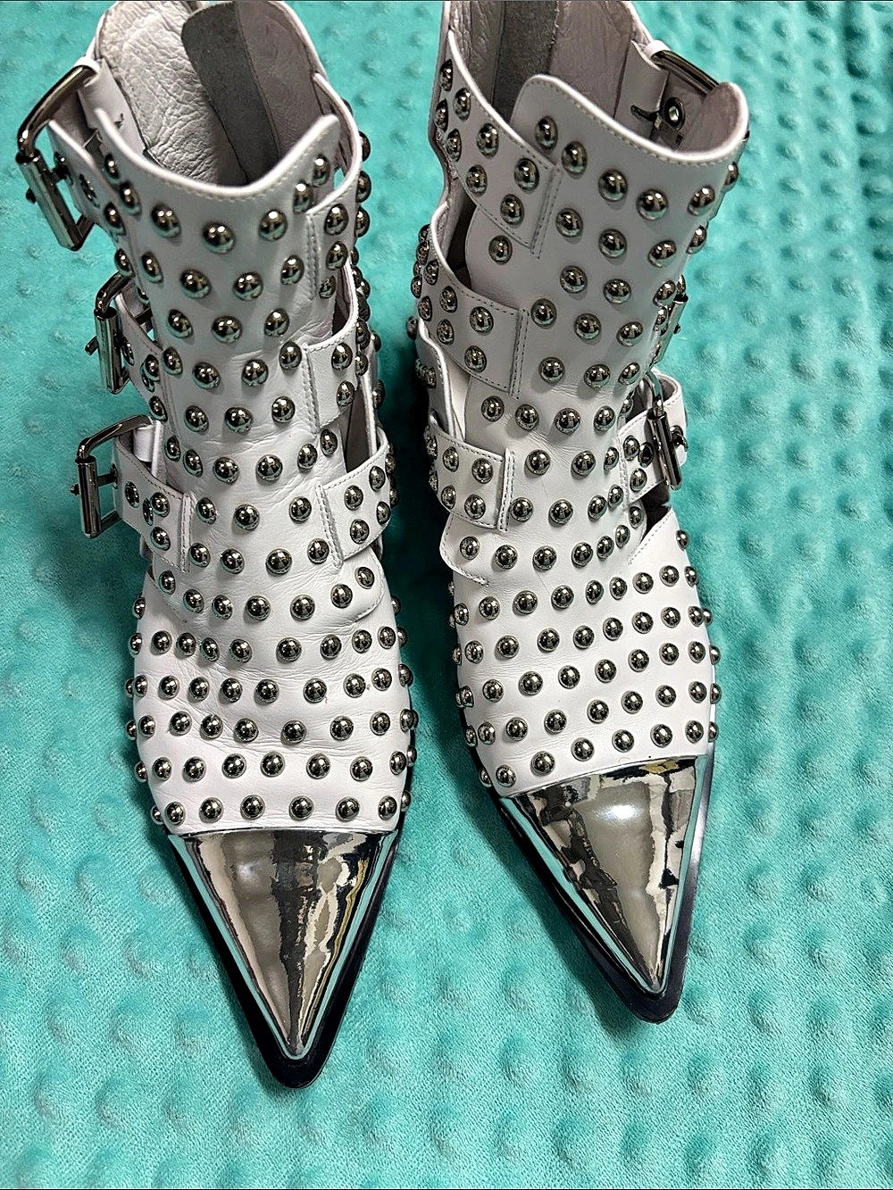 Jeffrey Campbell Studded Pointed-Toe Heeled Boots White US 7.5 Like New